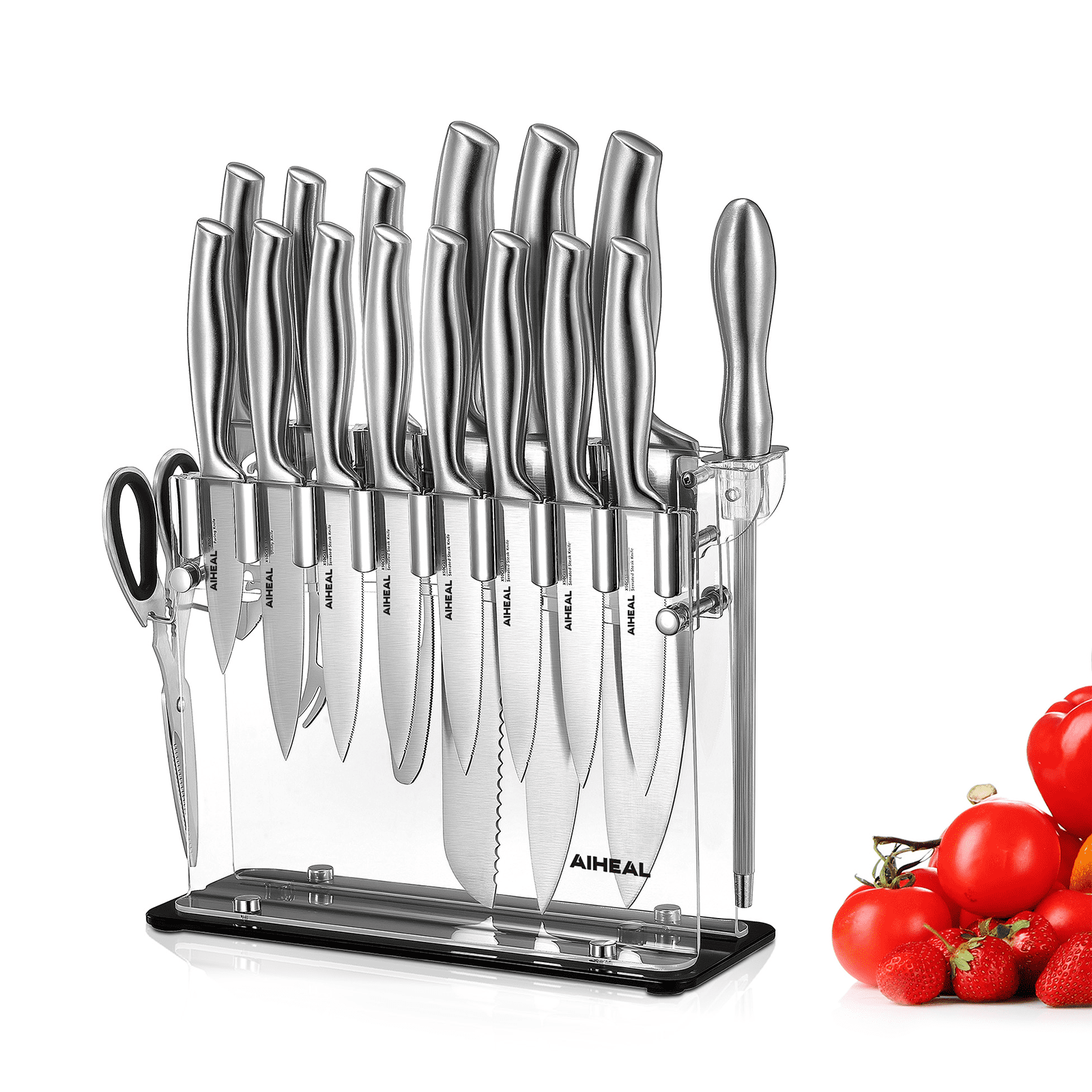 Aiheal Knife Set, 17 Piece Stainless Steel Hollow Handle Cutlery Block Set  with Acrylic Knife Holder