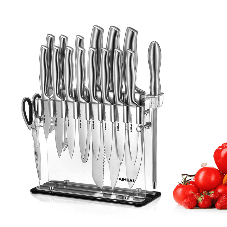 Aiheal Knife Set, 17 Piece Stainless Steel Hollow Handle Cutlery Block Set  with Acrylic Knife Holder