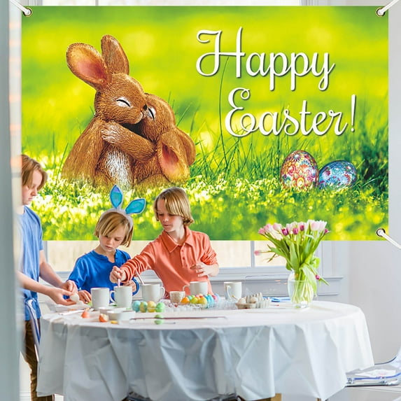 Aihimol Blue Happy Easter Banner - Large, 71x45 Inch | Easter Bunny Banner for Easter Decorations | Colorful Happy Easter Backdrop for Birthday, Easter Party Decorations | Easter Egg Hunt Decorations