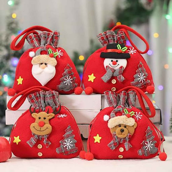 Aihimol Christmas 3D Doll Decoration Gift Bag with Drawstring Christmas Candy Bags Reusable Santa Claus, Elk, Snowman, Elf Embroidery Fabric Xmas Storage Bag for Christmas Party Holiday Wrapping Bags