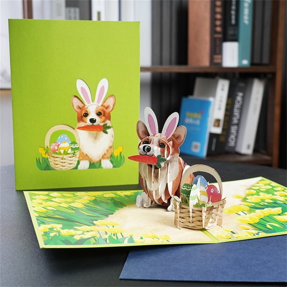 Aihimol Cute Creative Easter Greeting Card 3D Stereo Holiday Blessing Card Rabbit Ear Corgi
