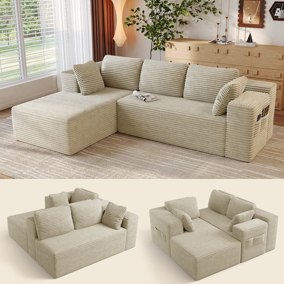 Aiho 105" Cloud Modular L-Shape Sofa - Boneless Design & Corduroy Upholstery with Deep Seat - Left Facing Chaise, Beige - No Assembly Required