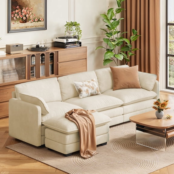 Aiho 110.2" L-Shaped Modern Modular Sectional Sofa with Movable Ottoman - 3-Seater Cloud Couch, Comfy Corduroy Deep Seat with 2 Pillows for Living Room, Bedroom & Apartment,Beige