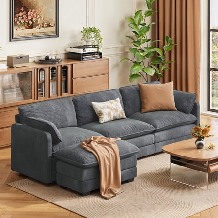 Aiho 110.2" L-Shaped Modern Modular Sectional Sofa with Movable Ottoman - 3-Seater Cloud Couch, Comfy Corduroy Deep Seat with 2 Pillows for Living Room, Bedroom & Apartment,Dark Grey
