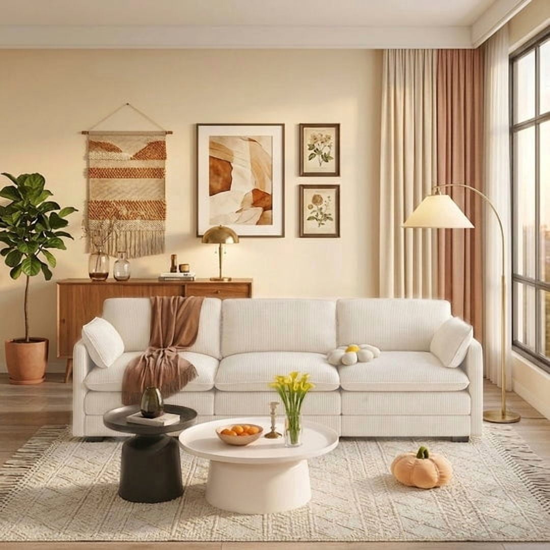 Aiho 110" Couches for Living Room, Corduroy Fluffy Sofa Couch, Comfy Sectional Sofa for Living Room, Apartment, Studio, Office - Beige