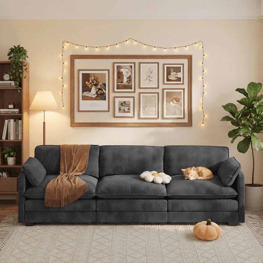 Aiho 110" Couches for Living Room, Corduroy Fluffy Sofa Couch, Comfy Sectional Sofa for Living Room, Apartment, Studio, Office - Dark Grey