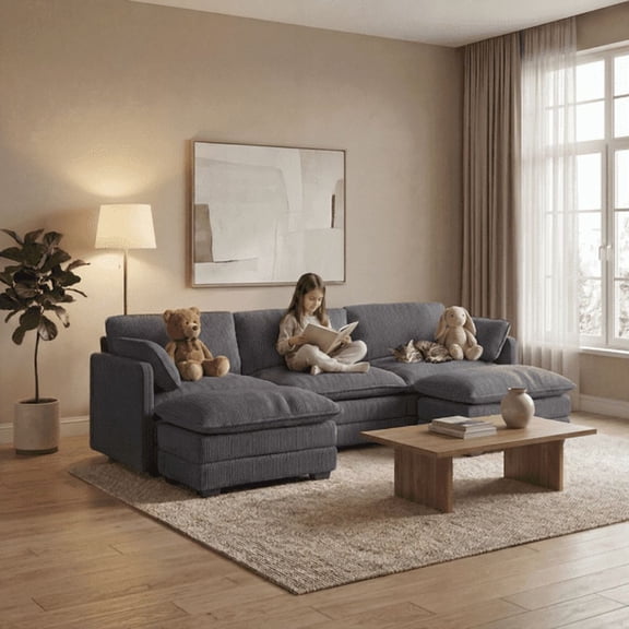 Aiho 110" Modular Sectional Sofa with 2 Movable Ottoman, Deep Seat, Soft Corduroy Fabric, Washable Cover - Grey