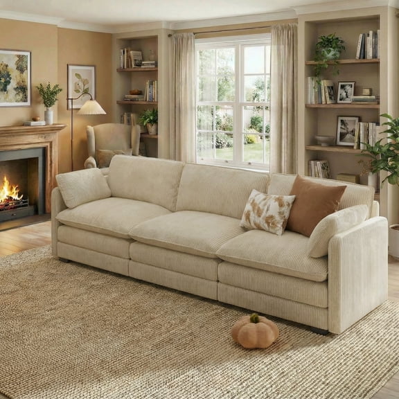 Aiho 110" Pet-Friendly Cloud Couch, Soft Deep Seat Double Cushion I-Shaped Sectional Sofa with 2 Pillows for Living Room, Bedroom & Apartment,Beige