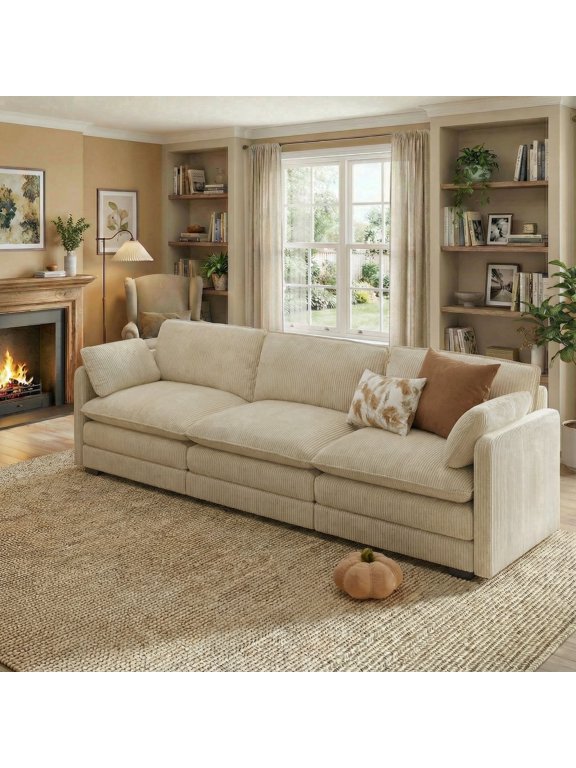 110" Pet-Friendly Cloud Couch, Soft Deep Seat Double Cushion I-Shaped Sectional Sofa with 2 Pillows for Living Room, Bedroom & Apartment,Beige