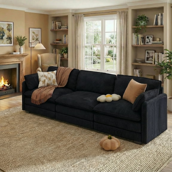 Aiho 110" Pet-Friendly Cloud Couch, Soft Deep Seat Double Cushion I-Shaped Sectional Sofa with 2 Pillows for Living Room, Bedroom & Apartment,Black