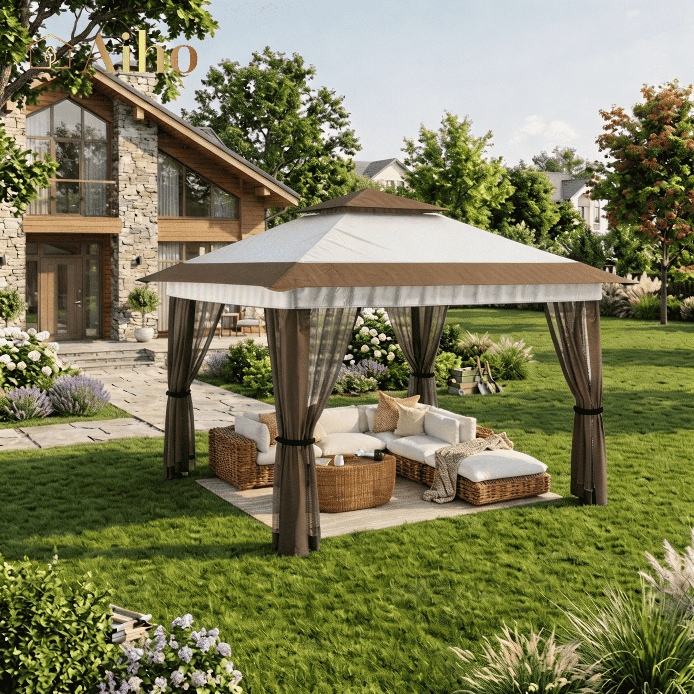 Aiho 11 x 11 ft Patio Pop up Canopy Gazebo, Outdoor Foldable Canopy Tent with Mosquito Netting - Beige