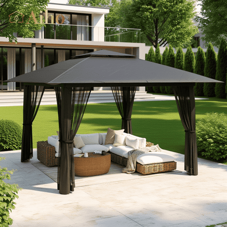 Aiho 13 x 13 ft Patio Pop up Canopy Gazebo, Outdoor Foldable Canopy Tent with Mosquito Netting - Gray