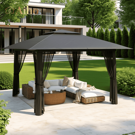 Aiho 13 x 13 ft Patio Pop up Canopy Gazebo, Outdoor Foldable Canopy Tent with Mosquito Netting - Gray