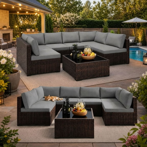 Aiho 14-Piece (2 x 7-Piece) Rattan Sectional Sofa Set, Double the Modular Seating, All-Weather Outdoor Furniture for Large Patios & Gardens, Grey