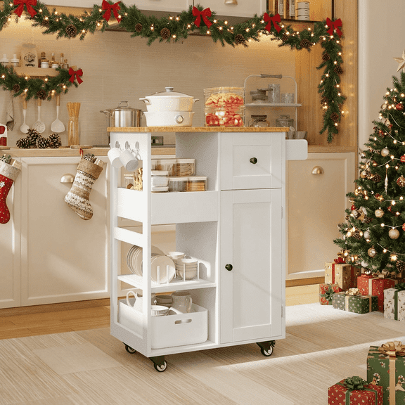 Aiho Kitchen Island with Storage, Mobile Kitchen Pantry Storage Cabinet with Drop LeafDoor and Shelves for Kitchen,Dining Room and Bathroom - White