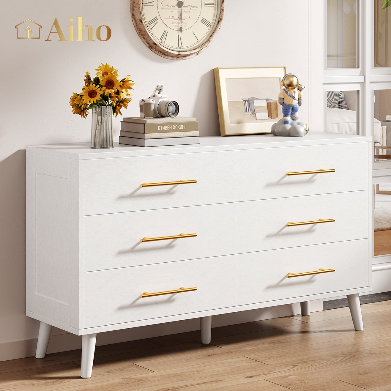 White 6-Drawer Dresser with Gold Handles and Wooden Legs