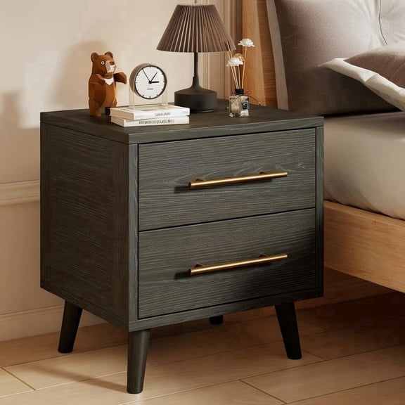 Aiho 2 Drawer Wood Dressers, Wide Chest of Drawers with Gold Handles for Living Room , night stands for bedroom, Black