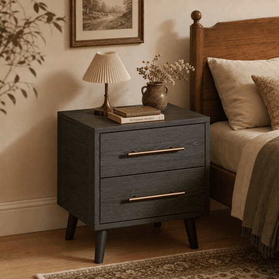 Modern 2 Drawer Nightstand, Wood Bedside Table with Metal Handles for Bedroom, Black