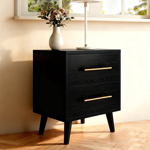 Aiho 2 Drawer Wood Dressers, Wide Chest of Drawers with Gold Handles for Living Room , Black