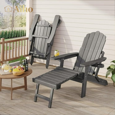 Aiho Weather-Resistant Folding Adirondack Chair with Pullout Ottoman & Cup Holder for Garden, Clearance Sale, Gray