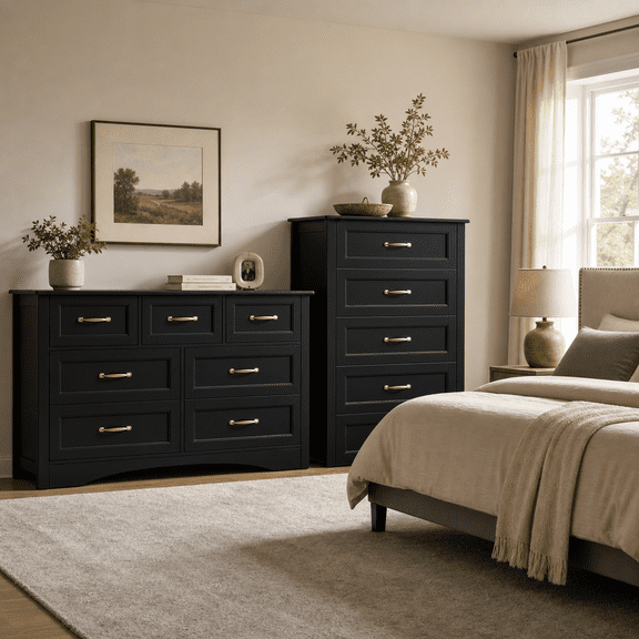 Aiho 2-Piece Bedroom Dresser Set, 47" 7-Drawer Wide Dresser + 36" 5-Drawer Tall Chest, Wood Storage Organizer with Silent Slides & Anti-Tip Hardware,Black