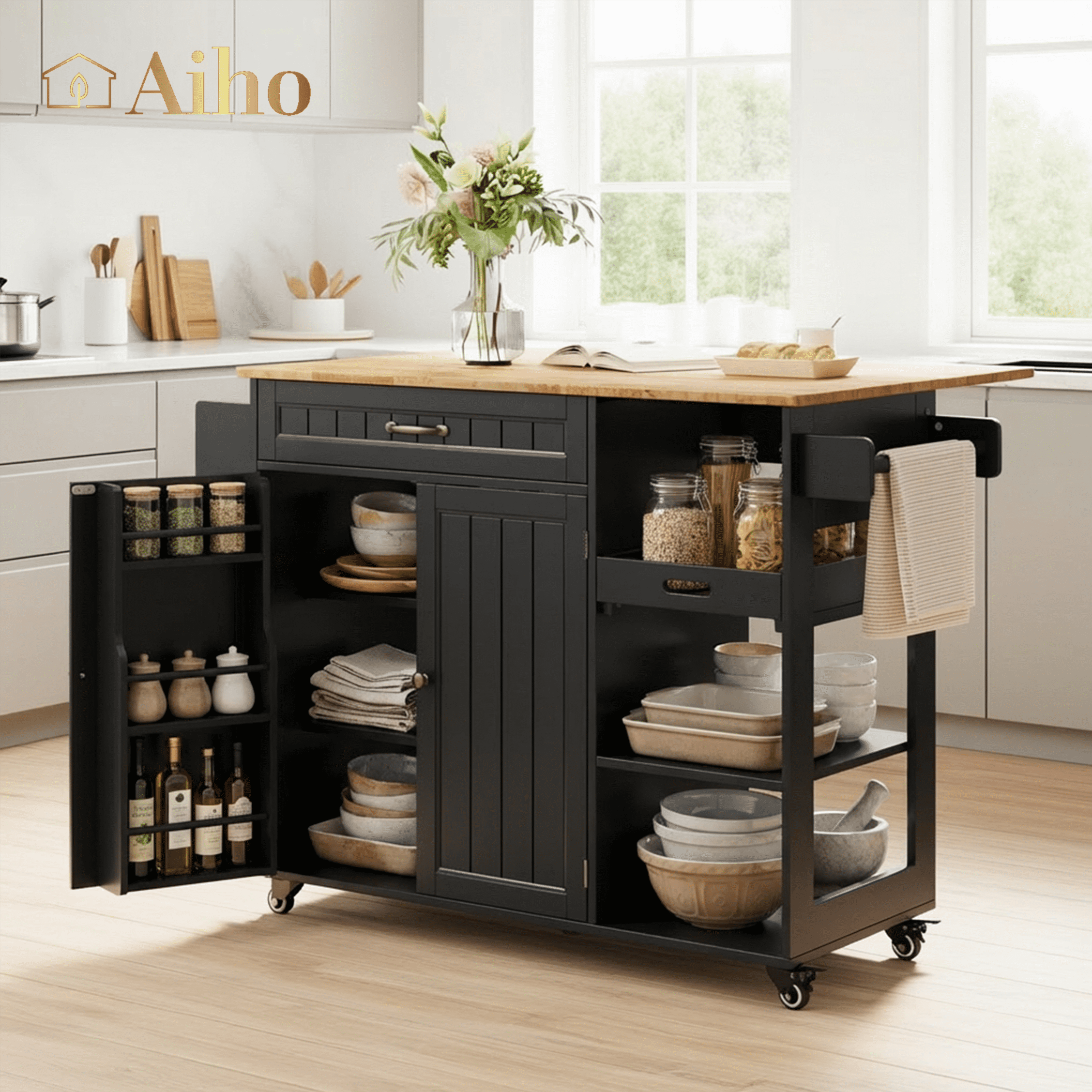 Aiho Rolling Island Table with Storage, 41.2" W Kitchen Island on Wheels with Drop Leaf & Spice/Towel Rack & Adjustable Shelf, Perfect for Kitchen, Living Room, Black
