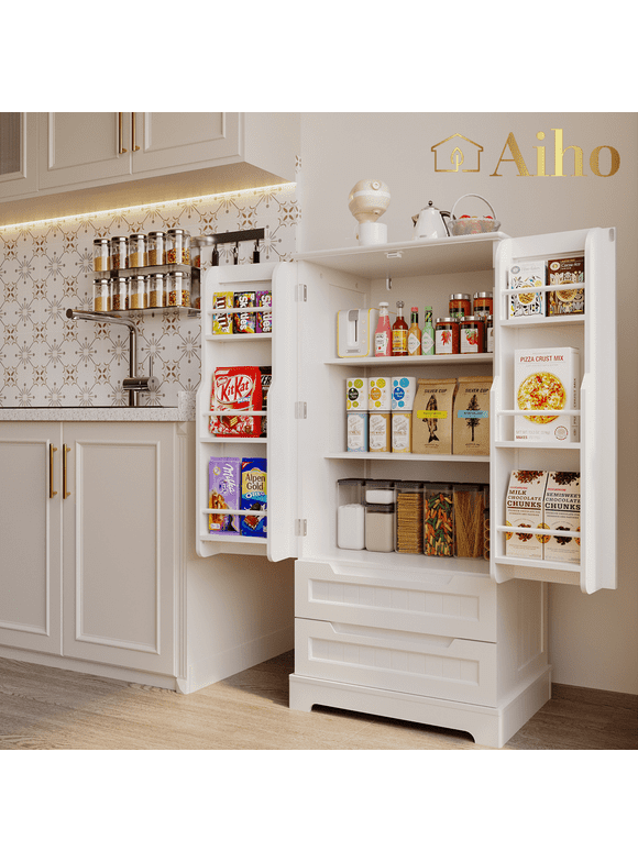 Aiho 24 "W Pantry Cabinet with 2 Doors and 2 Drawers, Solid & Sturdy, Storage Cabinet for Entryway, Kitchen - White