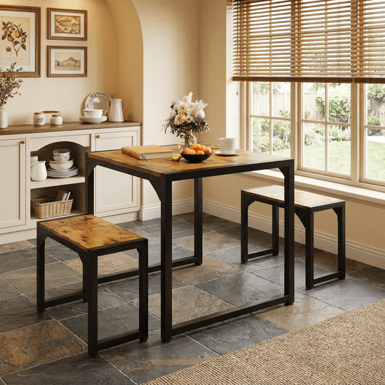 Aiho 25.6" Dining Table Set for 2, Kitchen Table with 2 Stools, Wood Dining Room Dinette Sets with Metal Frame for Breakfast Nook and Small Space - Brown