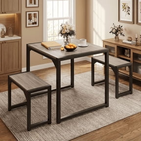 Aiho 25.6" Dining Table Set for 2, Kitchen Table with 2 Stools, Wood Dining Room Dinette Sets with Metal Frame for Breakfast Nook and Small Space - Gray