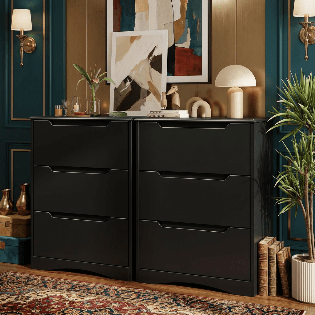 Aiho 3 Drawer Dresser, White Wood Storage Cabinet with Cutout Handles for Bedroom, Black