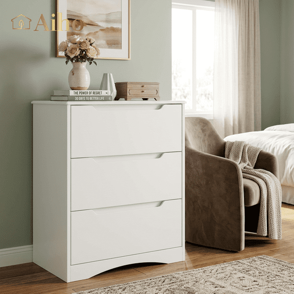 Aiho White 3 Drawer Dresser, Modern Wood Chest with Anti-Tip Device & Recessed Handles for Bedroom Living Room