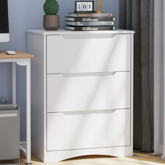 Aiho 3 Drawer Dresser, White Wood Storage Cabinet with Cutout Handles for Bedroom, White