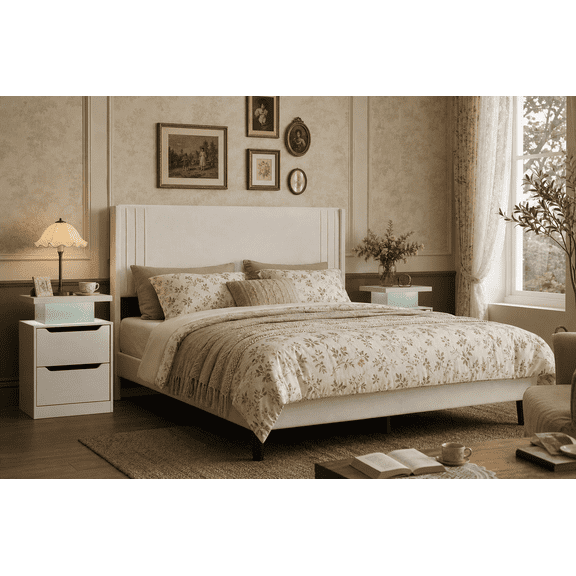 Aiho 3-Piece Bedroom Furniture Set, Queen Size Upholstered Platform Bed Frame with Wingback Headboard and 2 LED Nightstands with Drawers,White