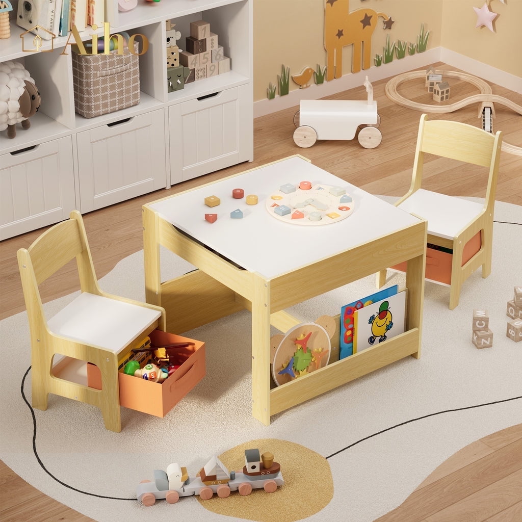 Aiho 3 Piece Child Table and Chair Set, 4-in-1 Kids Table Set, Child Activity Desk with Chalkboard/Whiteboard and Bookshelf - Retro