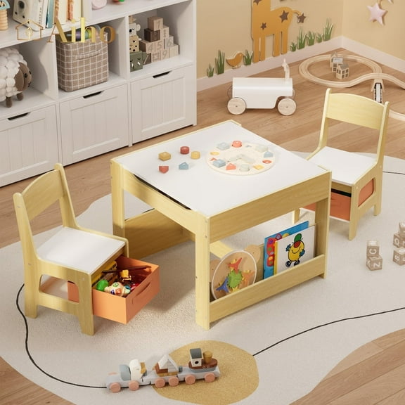 Aiho 3 Piece Child Table and Chair Set, 4-in-1 Kids Table Set, Child Activity Desk with Chalkboard/Whiteboard and Bookshelf - Retro