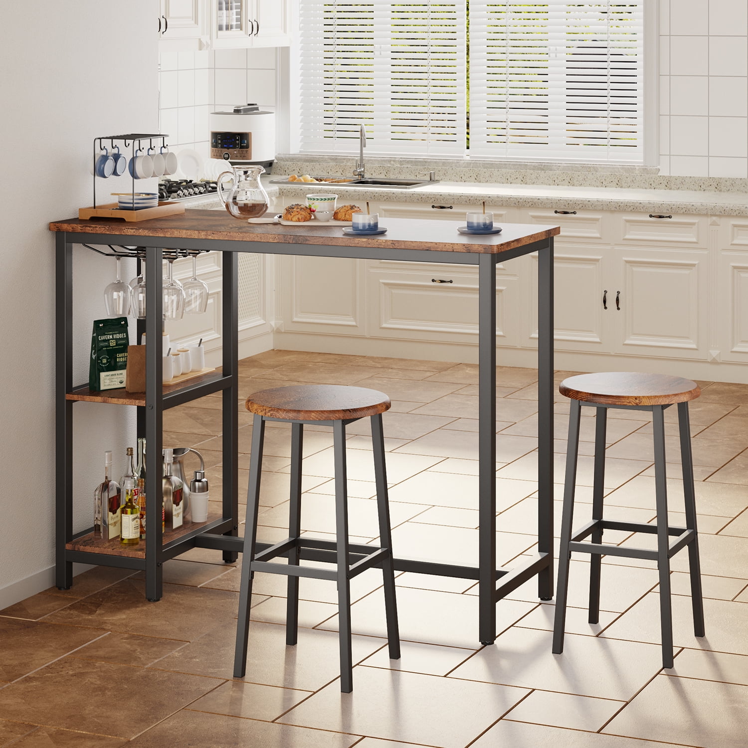 Aiho 3-Piece Bar Table Set with 3 Storage Shelves for Dining