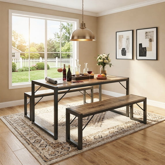 Aiho 3-Piece Dining Table Set for 4, industrial kitchen table with stain-resistant gray oak top