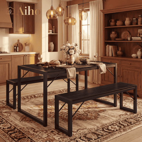 Aiho Kitchen Table with 2 Benches, 3-Piece Dining Set for 4, Wood Top Space-Saving Black
