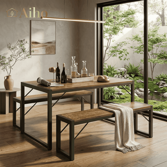 Aiho Kitchen Table with 2 Benches, 3-Piece Dining Set for 4, Wood Top Space-Saving Retro