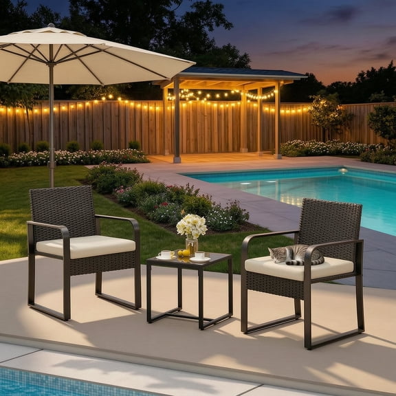 3 Piece All-Weather PE Rattan Patio Bistro Set, Outdoor Wicker Patio Furniture Set, Conversation Chairs with Tempered Glass Table for Balcony Yard Poolside Garden, Beige