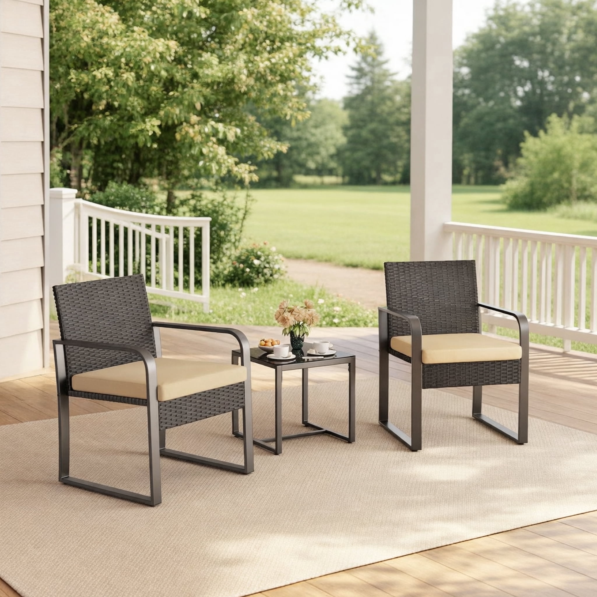 Aiho 3-Piece Outdoor Rattan Patio Set with Glass Coffee Table & Gray ...