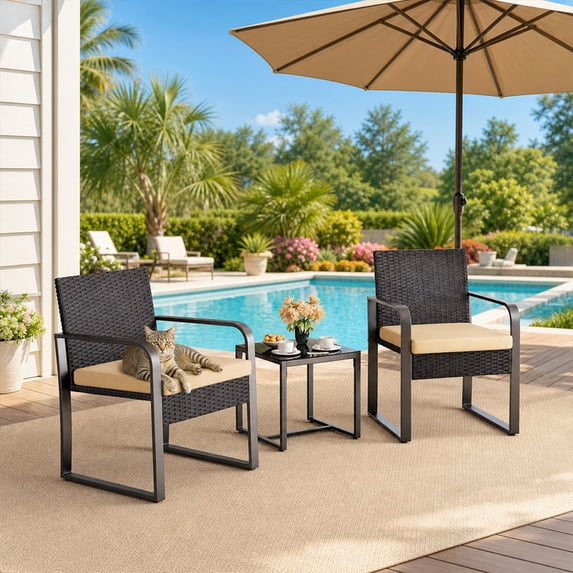 3 Piece All-Weather PE Rattan Patio Bistro Set, Outdoor Wicker Patio Furniture Set, Conversation Chairs with Tempered Glass Table for Balcony Yard Poolside Garden, Beige