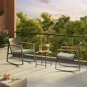Relaxing 3-Piece Rocking Chair Set, Durable PE Rattan Outdoor Furniture with Cushions & Tempered Glass Table, Gray