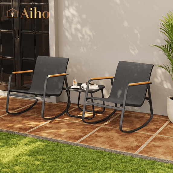 Aiho Outdoor Rocking Chairs Set of 3 with Breathable Textilene, Outdoor Patio Furniture Set with Tempered Glass Table, For Patio, Outdoor Garden, Lawns, Balcony, Backyard, Porch and Poolside-Black