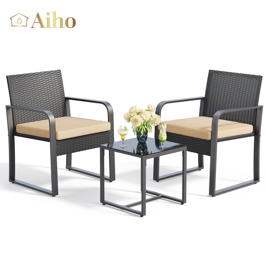 Walmart Deals of Aiho Outdoor Rattan Bistro Patio Set with Table, Garden Furniture - Beige Cushions