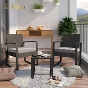 Aiho 3 Piece Patio Bistro Chairs Set, Rocking & Rattan, Patio Furniture Set with Coffee Table for Patio, Garden and Bistro - Grey Cushions