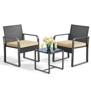 Aiho 3 Piece Patio Bistro Set, Solid & Durable, Outdoor Chairs with Glass Table Rattan for Balcony, Patios, Beige Cushion
