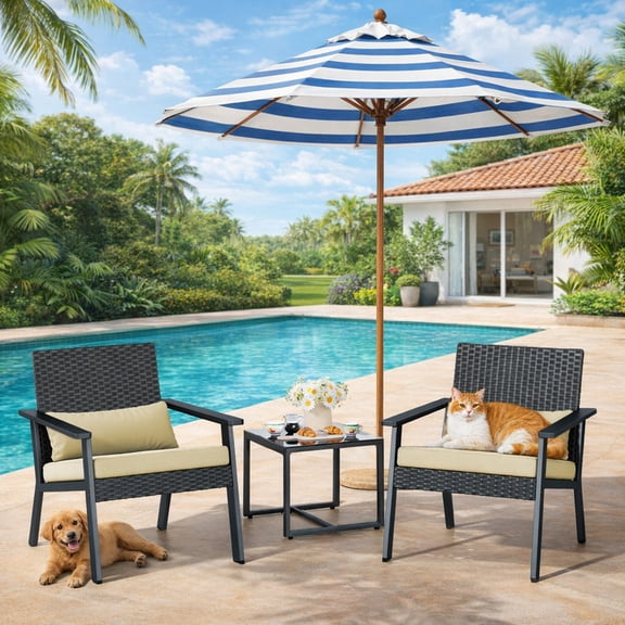 3-Piece Rattan Patio Set with Tempered Glass Table - Outdoor Furniture for Lawn, Garden & Balcony, Beige