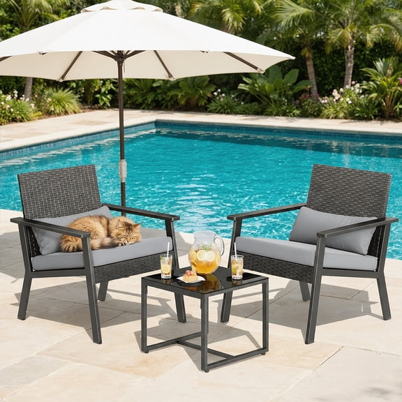 3-Piece Rattan Patio Set with Tempered Glass Table - Outdoor Furniture for Lawn, Garden & Balcony, Gray