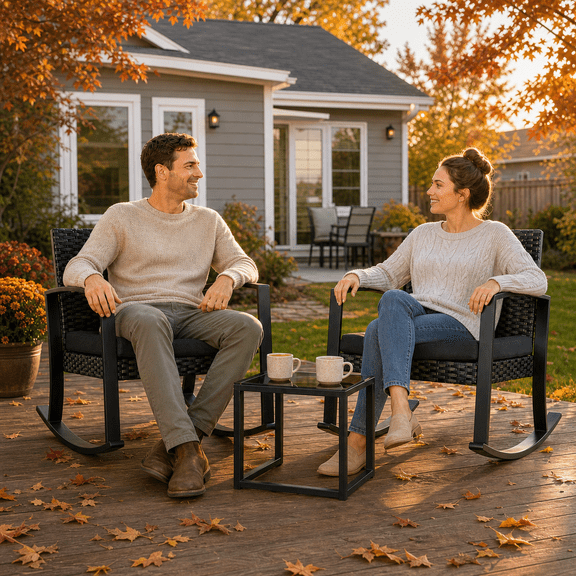 Aiho 3-Piece Patio Rattan Rocking Chair Set with Table, Black Cushions